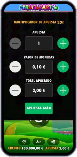 Pantalla de apuesta en Fruit Party - Ajuste de apuesta